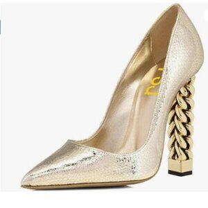 FSJ Women Gold Metal Chain Chunky High Heel Pointed Toe Party Shoes Gold